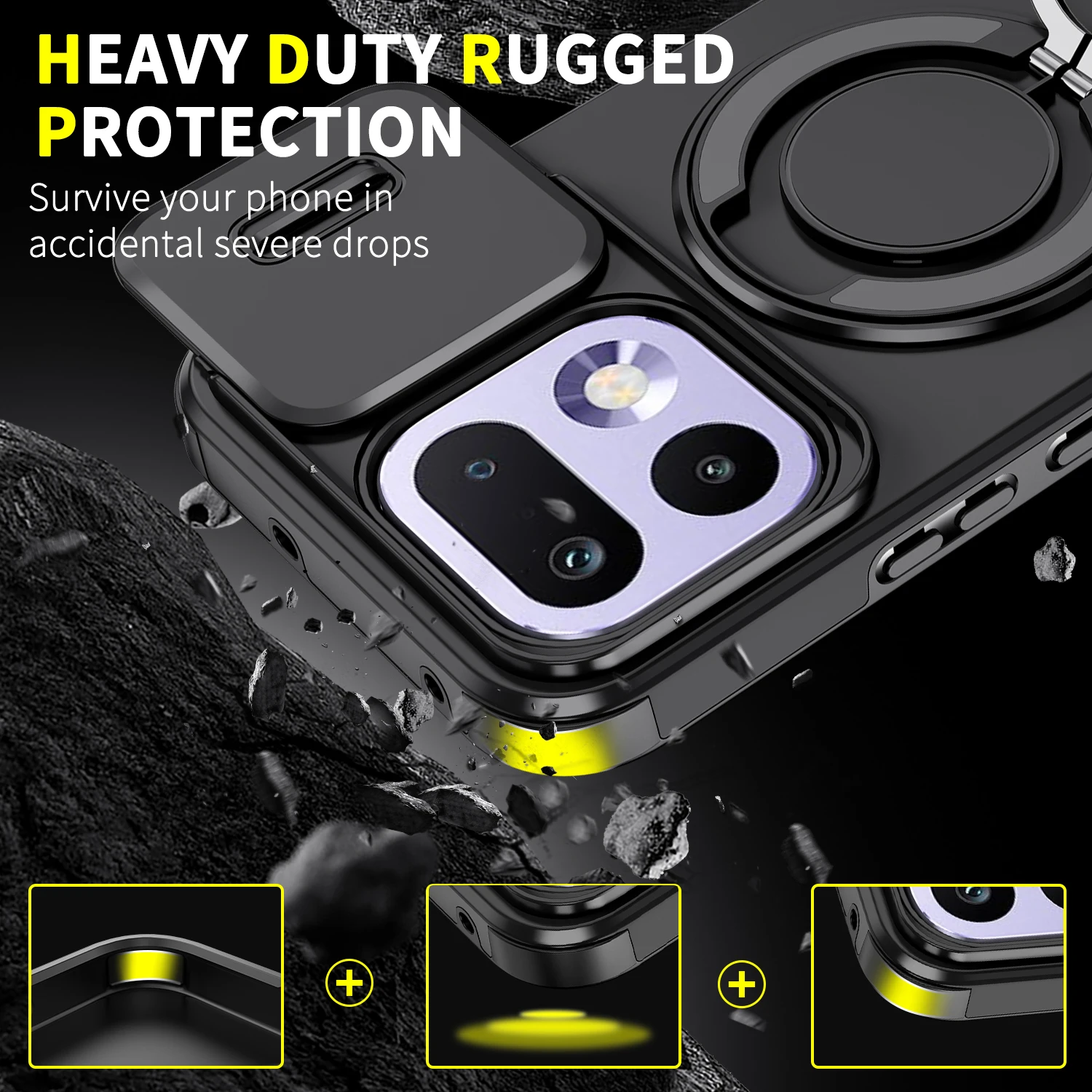 Armor Magnetic Bracket Holder Phone Case with Sliding Window Camera Protection and Shockproof Cover