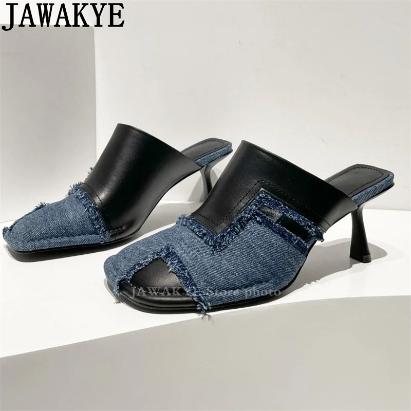 

Splicing Old Square Wrap Toe Luxury Brand Slippers Women Mid Heel Mules Slippers Summer Sexy Fashion Week Runway Party Shoes