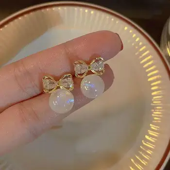 925 Silver Needle Korean Fashion Bright Pearl Earrings For Women Jewelry 2025 Trending New Luxury Crystal Bowknot Earrings Gifts