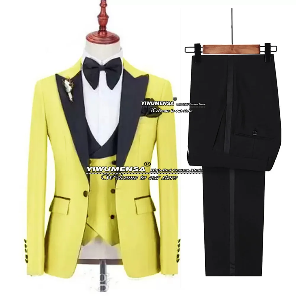 

ClassicYellow Suits Men Slim Fit Black Lapel Coat+Vest+Pants 3 Pieces Formal Business Blazer Sets Prom Party Tuxedo Wedding 2022