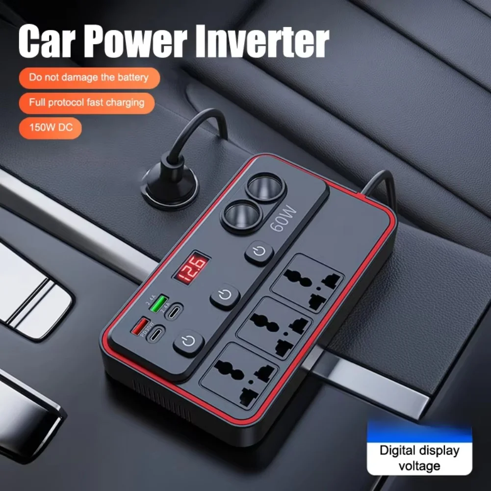 150W 차량용 인버터 12V 24V DC-220V AC 변환기 LED 전압 모니터 포함 3개 AC 포트, 2개 USB 포트, 2개 USB C 포트 (차량 내 사용)