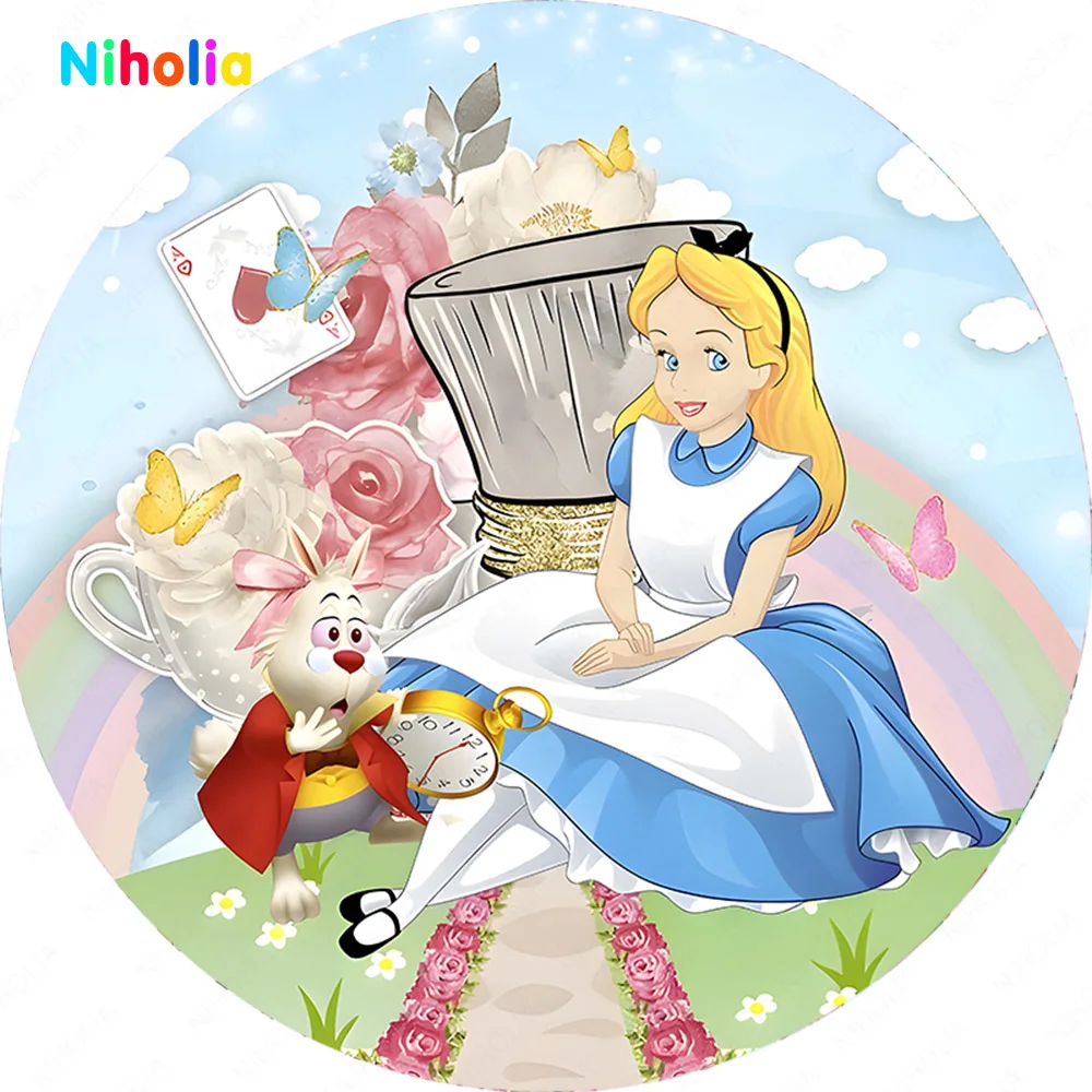 Alice au pays des merveilles princesse toile de fond ronde pour filles  enfants fête d'anniversaire fleurs bébé douche arrière-plans de  photographie - AliExpress, image size:1000x1000