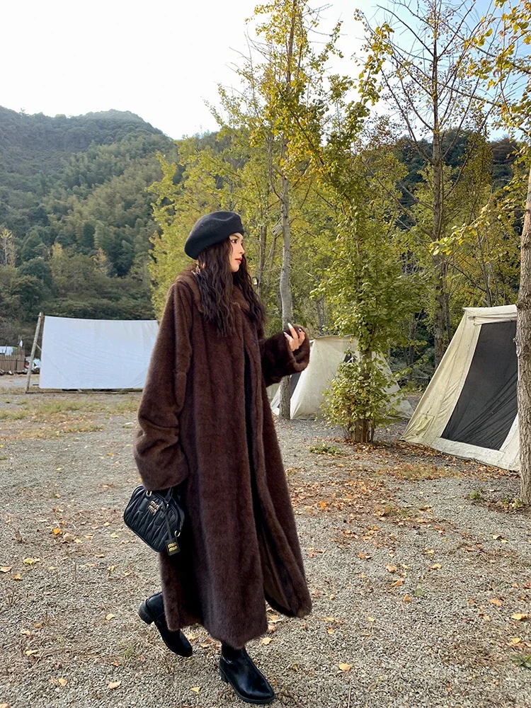 High-end Retro Brown Long Mink Fur Profile Lapel Coat Winter Clothes New Fashion Loose-Fit Long Sleeves Thick Faux Fur Jackets