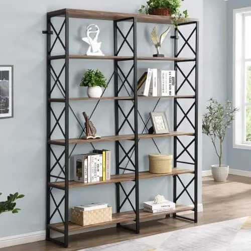 

Wide 6-Tier Bookshelf 76\u201D H, Industrial Display Shelves with Metal Frame, Large Bookcase for Living Room, Study and Library