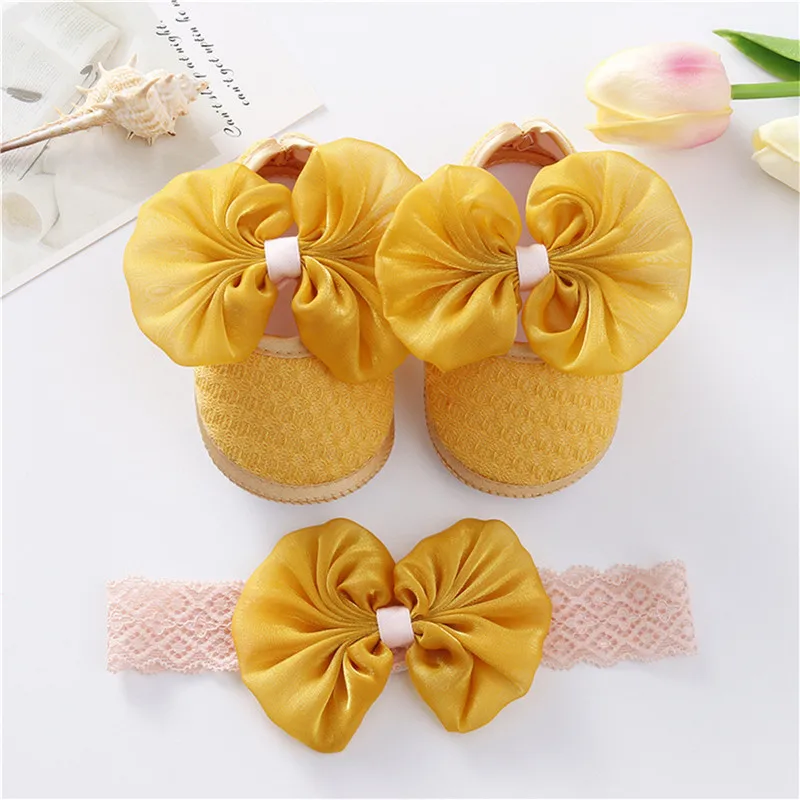 0-18months Infant Girl Flat Shoes Spring Autumn Baby Girls Bowknot Soft Sole Anti Slip Crib Shoes + Lace Headband