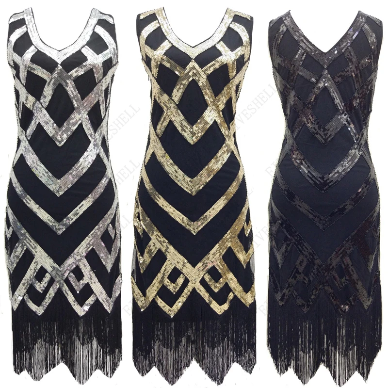 

Women's Great Gatsby Flapper Dresses 1920s Sequin Beaded Fringed Dress /Accessories Set xs-xxl(Silver,Gold))
