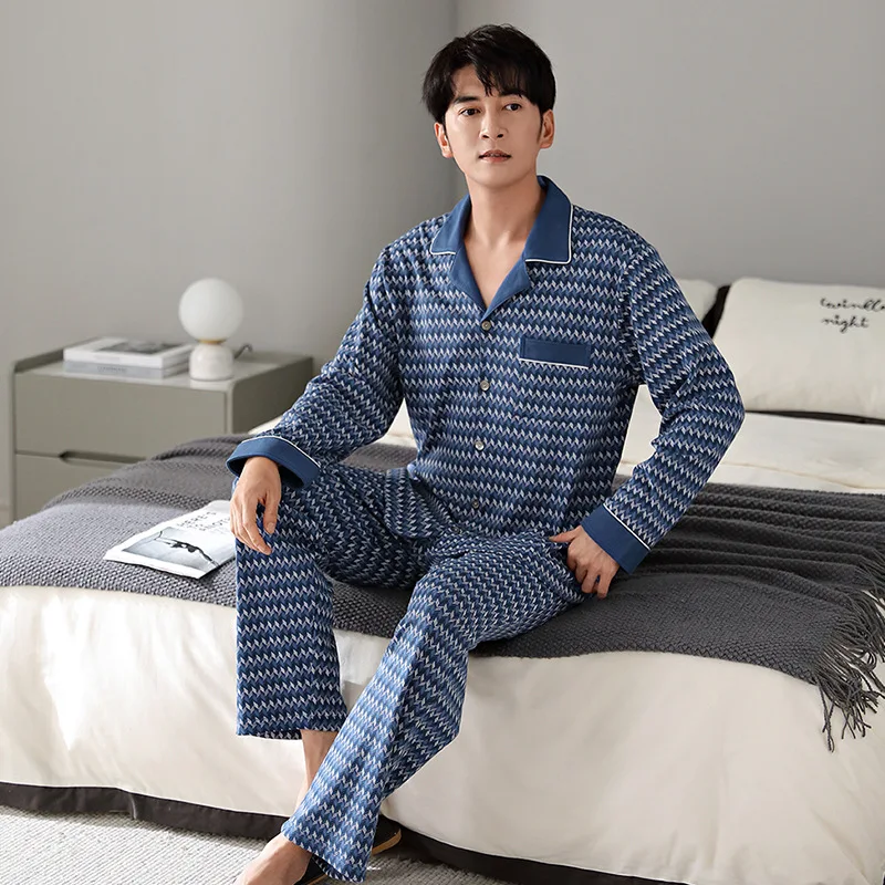 Spring Autumn Men's Pure Cotton Pajamas Lapel Long Sleeve Plaid Cardigan Pants Oversized Loose Fitting Casual Home Clothing Set