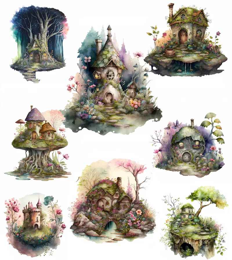 8Pcs/Pack Elf Tree House Sticker DIY Craft Scrapbooking Album Junk Journal Decorative Stickers