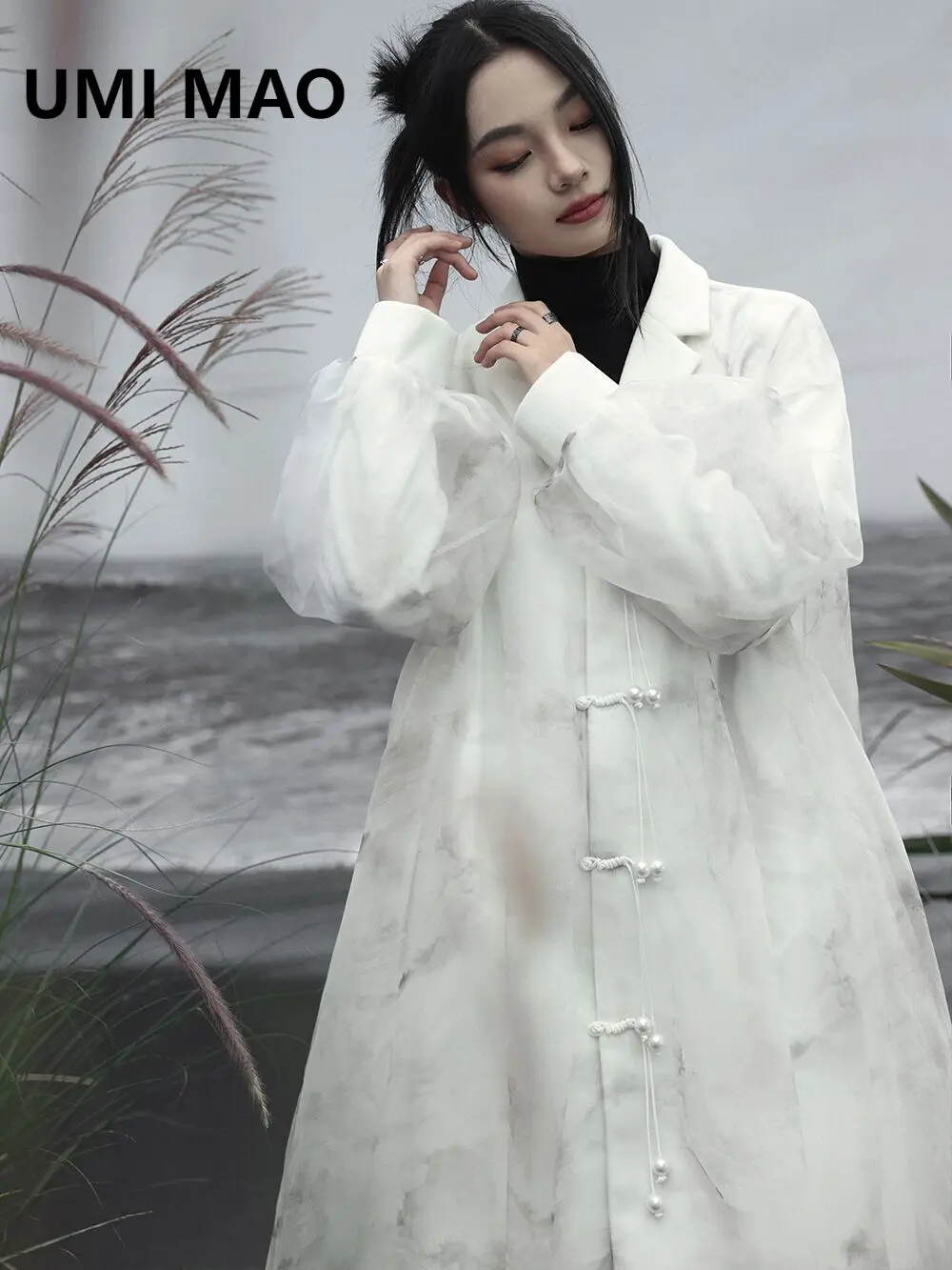 

UMI MAO New Chinese Style Landscape Printed Woolen Coat Women's Autumn Winter New White Long Jacket Female Overcoat