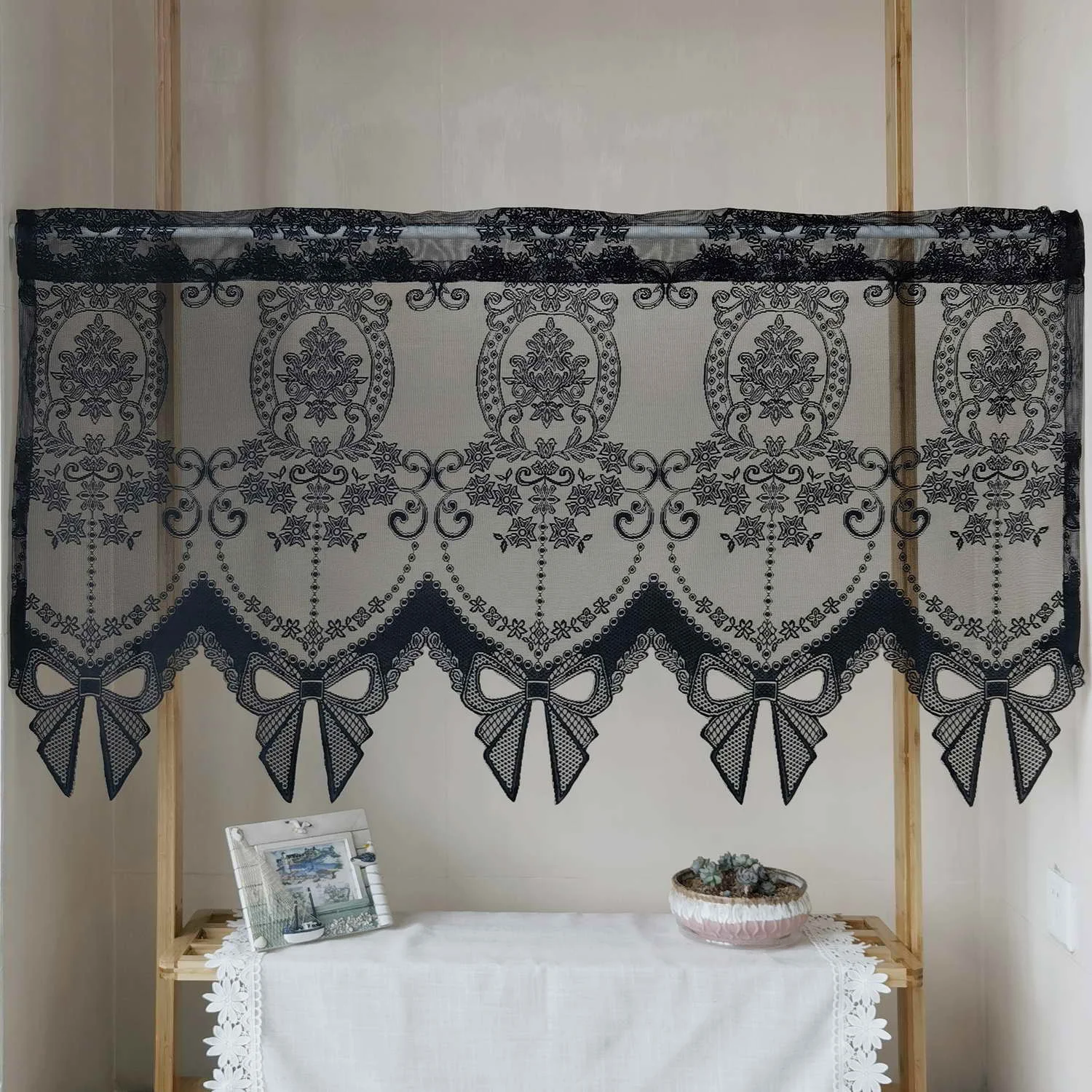 1PC Black Lace Bows Sheer Curtain for Bay Window Voile Drape Cabinet Kitchen Door Cafe Home Decoration #E