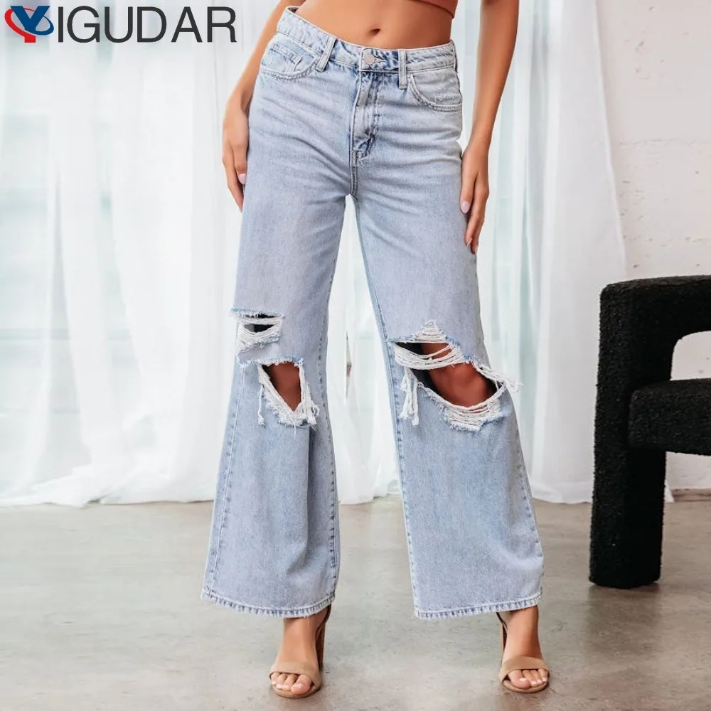 

2023 Summer Vintage Perforated Split Jeans Women High Waist Hole Ripped Straight Sweeping Floor Denim Pants Women Female