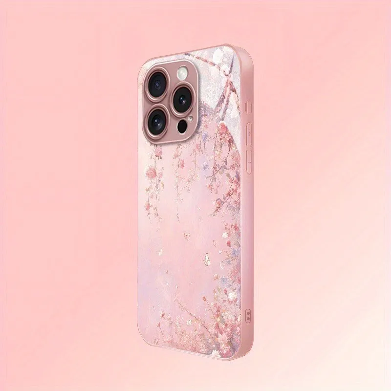 Oil Painting Pink Flowers Phone Case with Tempered Glass Cover