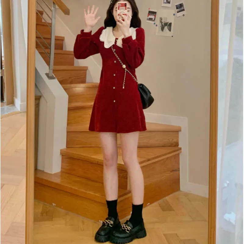 

VVQI Skirts Red Knitted Dress Autumn and Winter Short Doll Neck Skirt