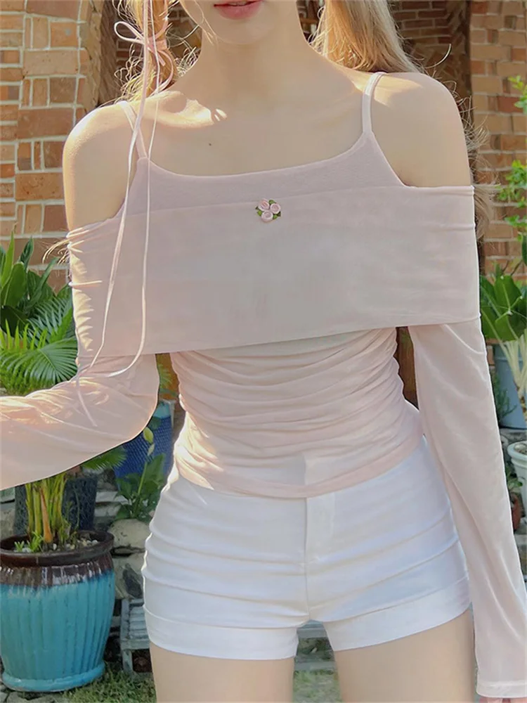 

Женская футболка из двух предметов, розовая Повседневная футболка с открытыми плечами и вырезом лодочкой, Y2k, осенняя футболка в японском стиле, 2023