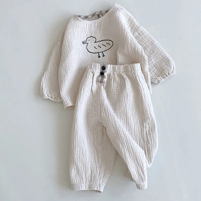 Herfst Nieuwe Baby Katoenen Linnen Kleding Set Jongen Meisje Lange Mouw T-Shirt + Broek 2 Stuks Pak Pasgeboren Schattige Cartoon Kleine Eend Outfits