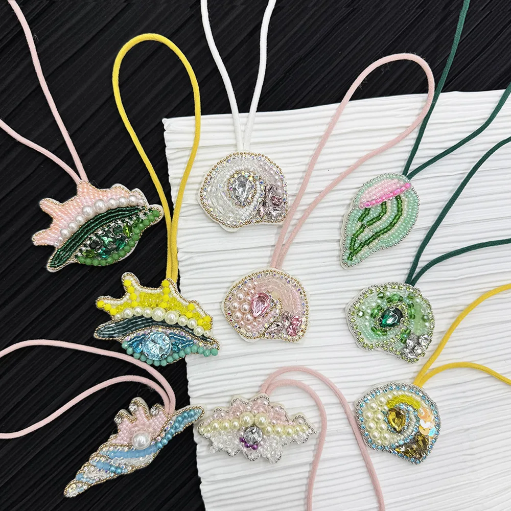 3D Beaded Patch Sequin Rhinestones Pearl Conch Cloth Patch Pendant Lanyard Decorative DIY for Bag Keychain Beading Applique