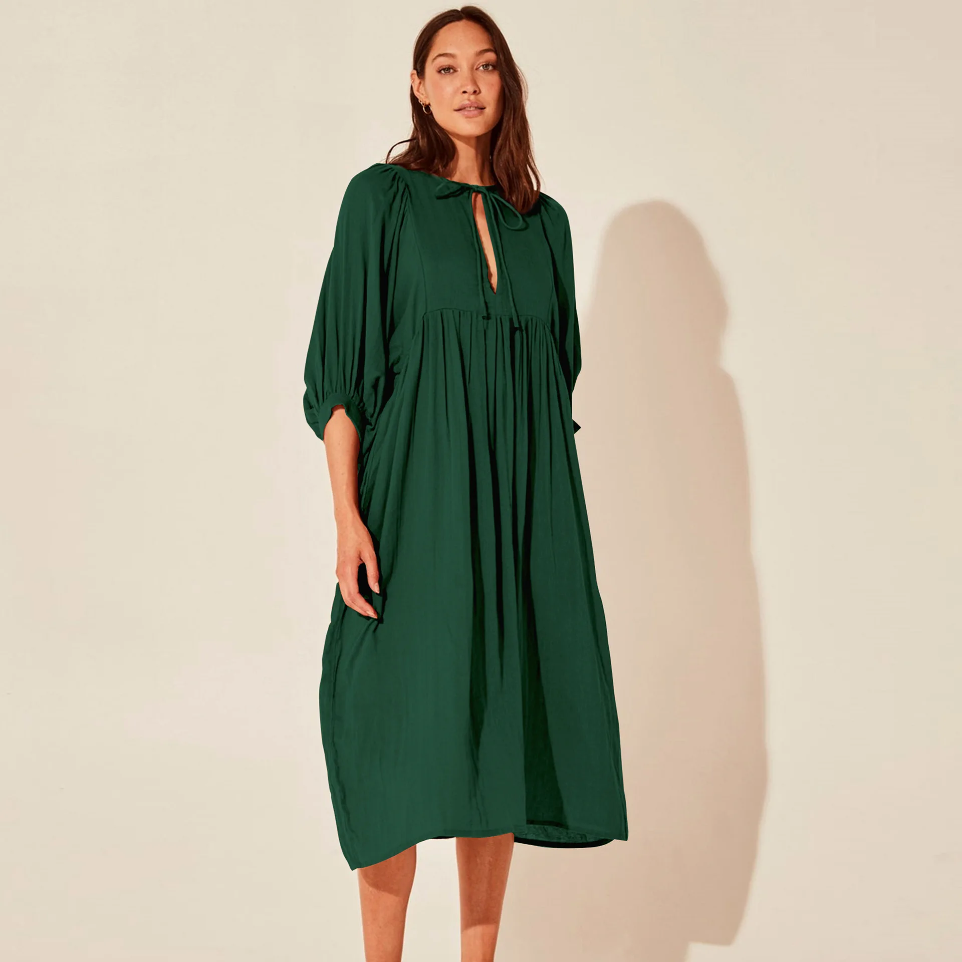 

VANOVICH Spring New Oversized Loose Waist Lantern Sleeves Casual Vintage Solid Color Long Dress Women Temperament A-line Dress