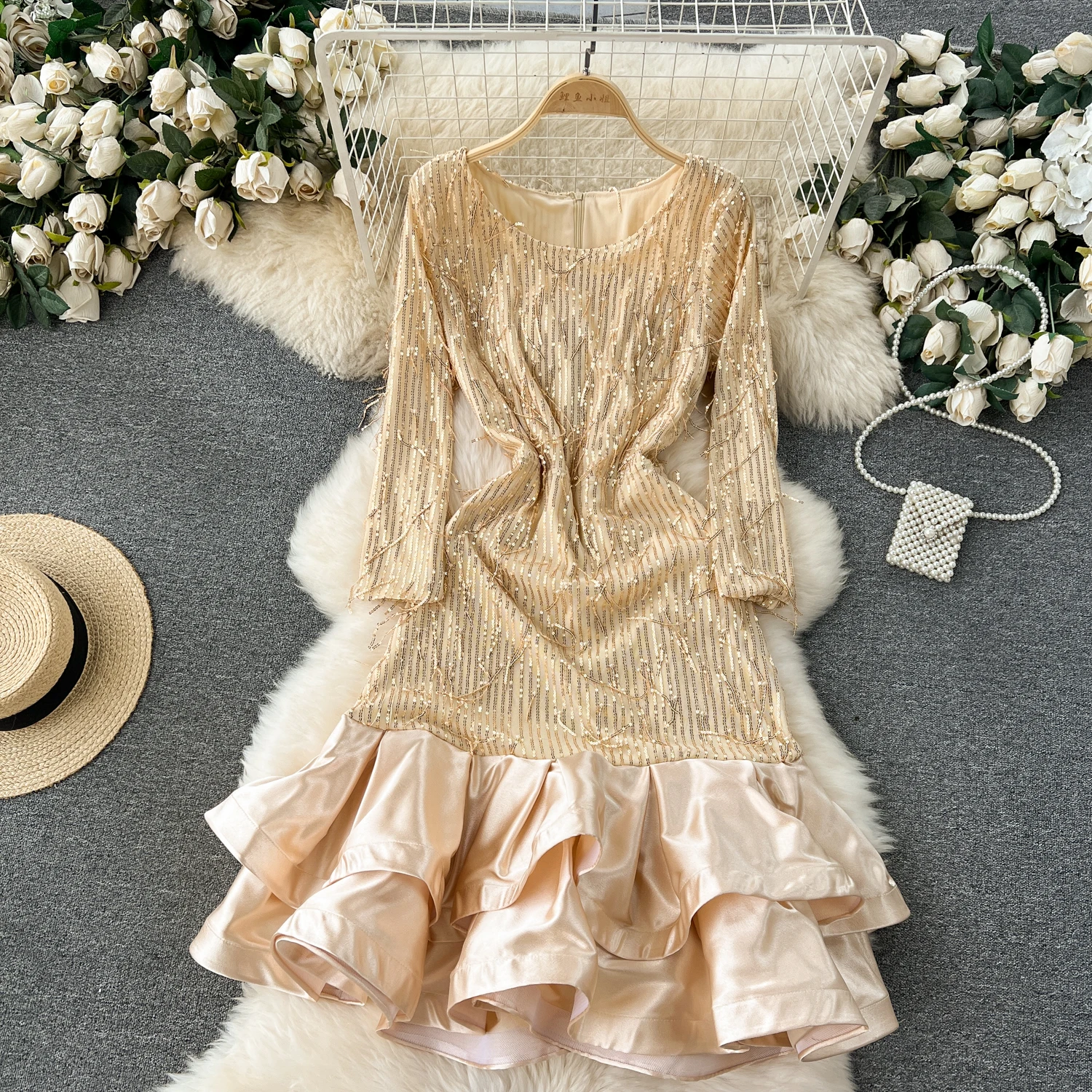 

Sexy Glitter Sequin Tassels O-neck Long Sleeve Ruffle Patchwork Dress Chic Elegant Party Women High Waist Ceremonial Dress