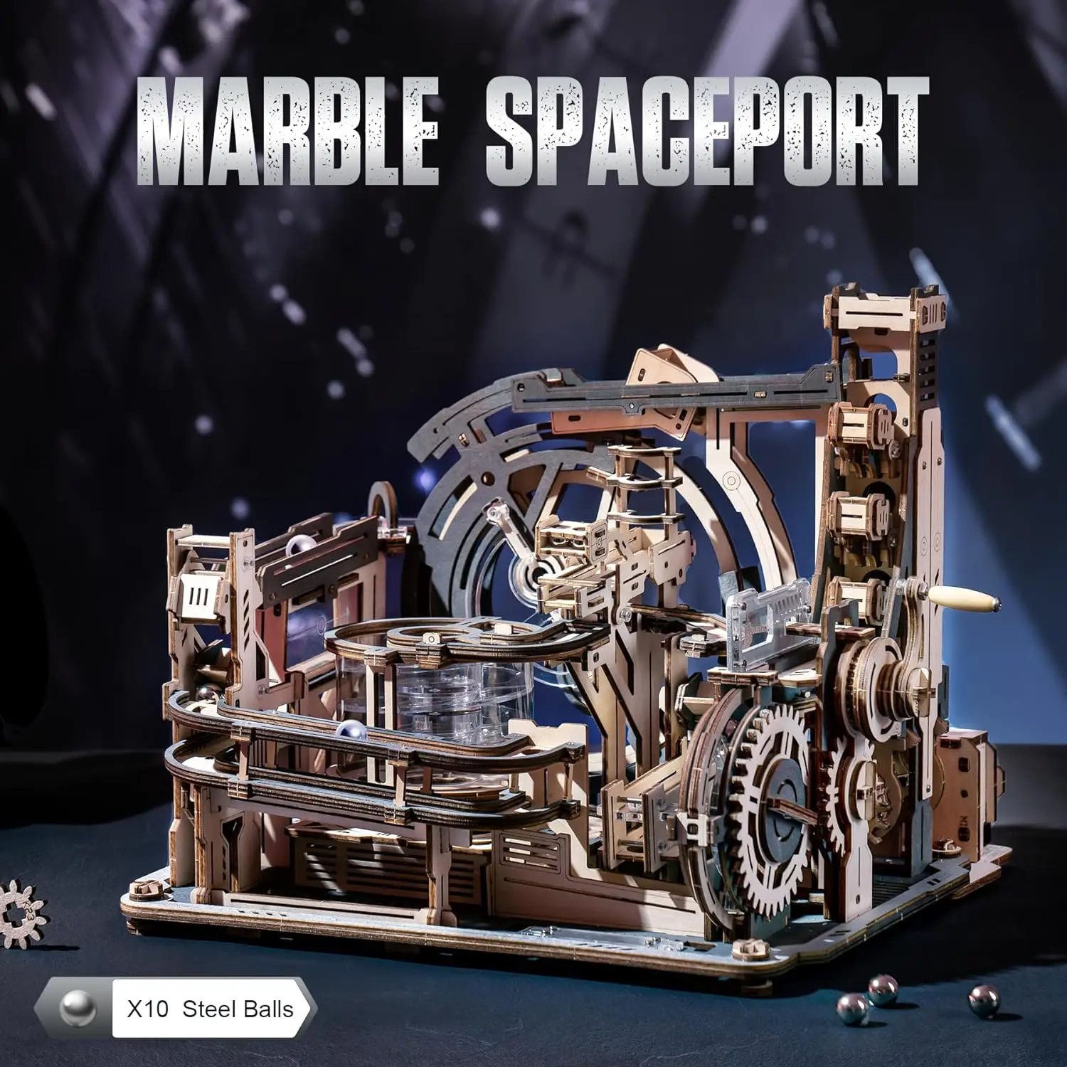Robotime Marble Spaceport 3D Wooden Puzzle Motor driven Mechanical Model Kits With Balls Automatic  Manual Modle for Kids Adults 5