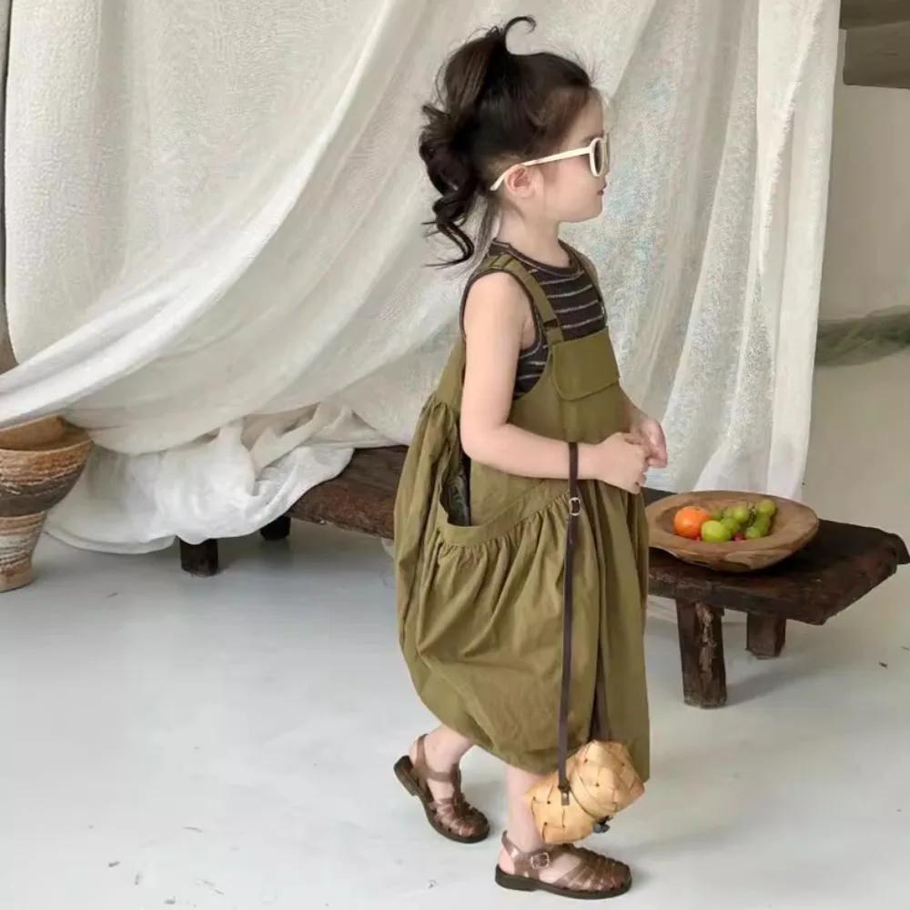 

Girls Dress Korea Style 2024 Summer New Striped Tank Top Suspender Dress Frock Casual Loose Baby Fashion Kids Summer Clothes