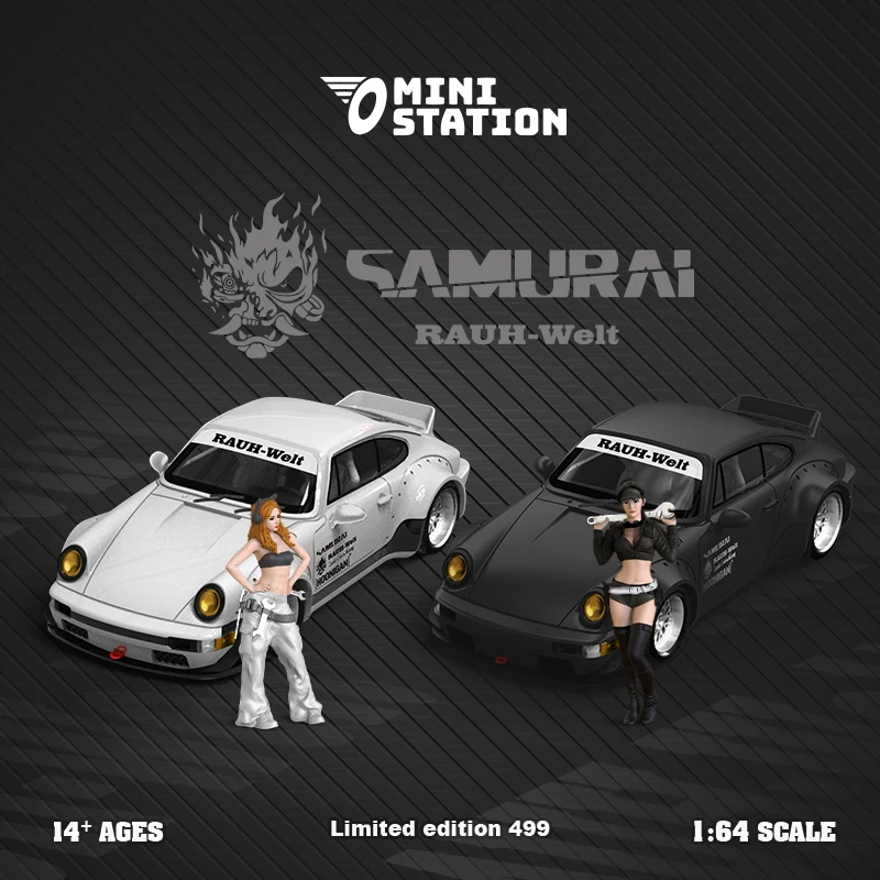 ** Pre-Order ** Mini Station 1:64 Rwb 964 Ducktail Samurai Modello Di Auto Pressofuso Nero/Bianco