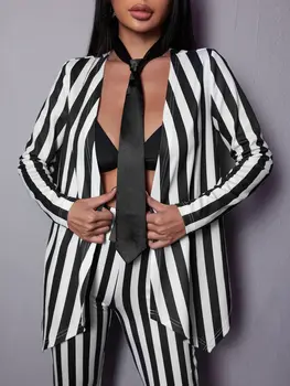 Black and white striped women's suit Jacket Niche 2024 Spring new holiday party high-end suit jacket Women's casual loose coat 1