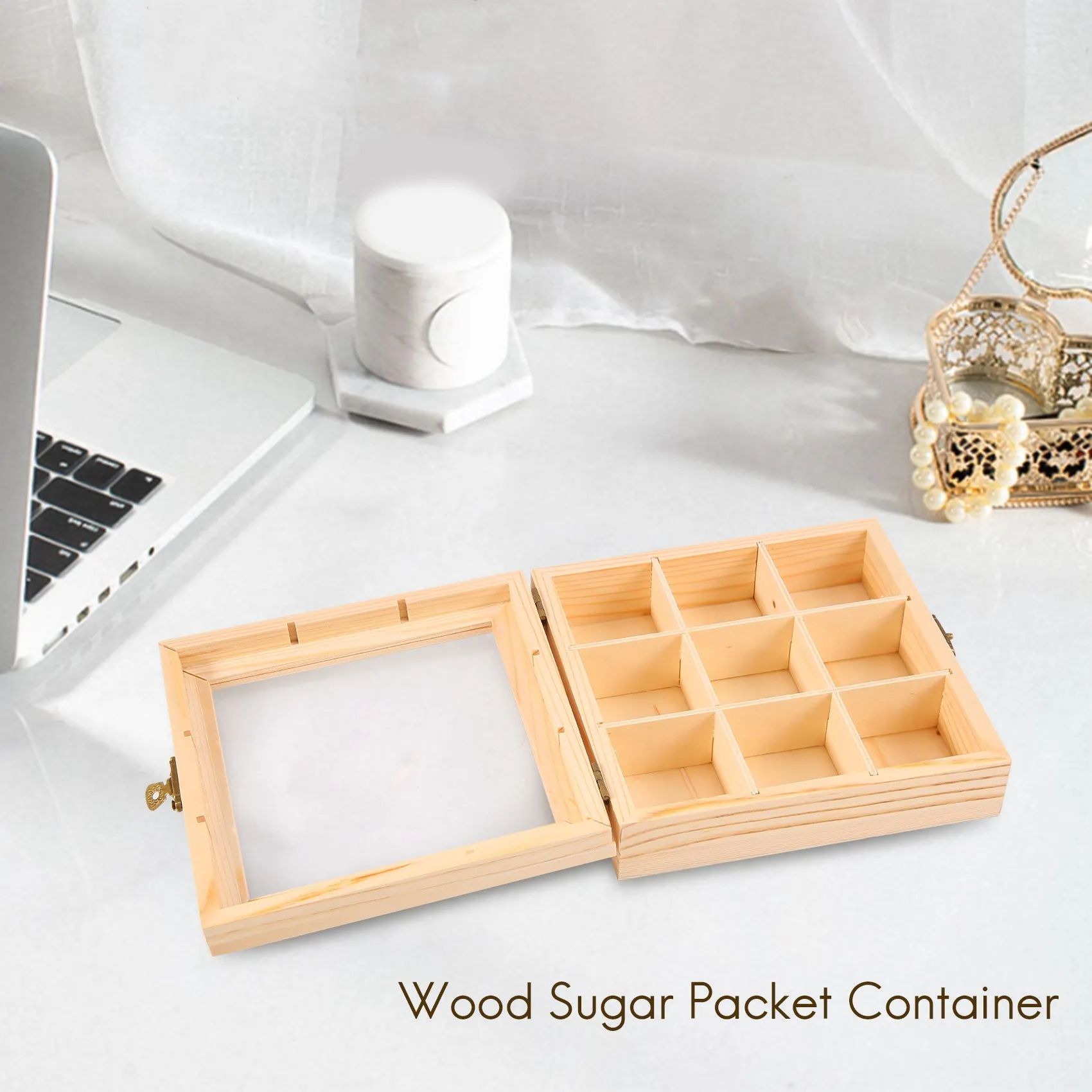 Wooden Tea Bag Jewelry Organizer Chest Storage Box 9 Compartments Tea Box Organizer Wood Sugar Packet Container 4