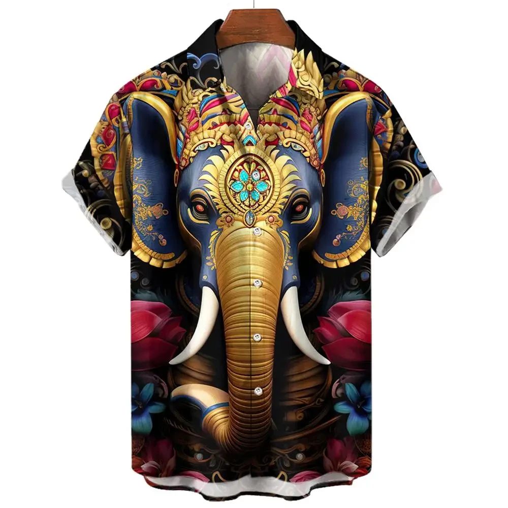 thumbnail image 1 of Camiseta de manga corta con estampado 3D de elefante para hombre, camisa informal personalizada de calle con cuello vuelto y botones, verano 2024, 1 of 4