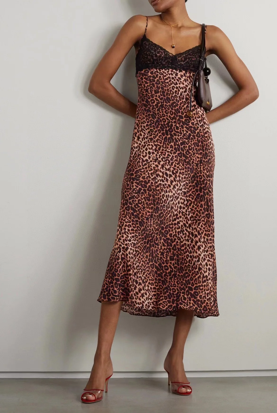

Women's Sexy Lace Stitching Strapless Leopard Print Sling Midi Dress