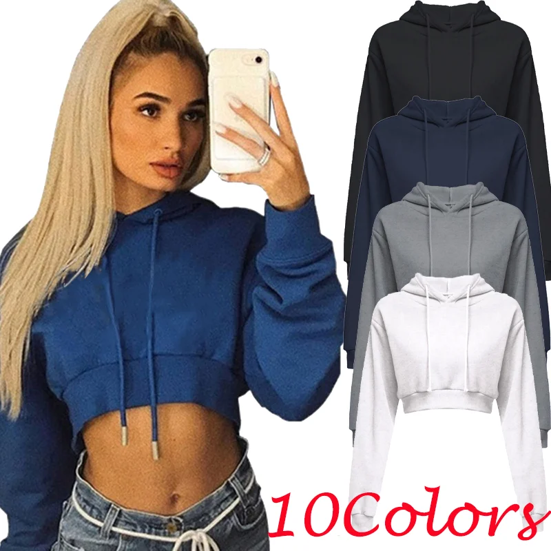 Women Crop Top Hoodie Casual Long Sleeve Hooded Short Sweatshirt Sexy