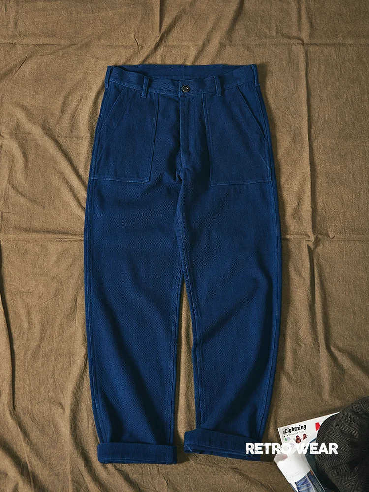 Retro Military Blue Dye Men's Long Pants Heavyweight Indigo RL Workwear Trousers Straight Leg Cotton Casual Pants