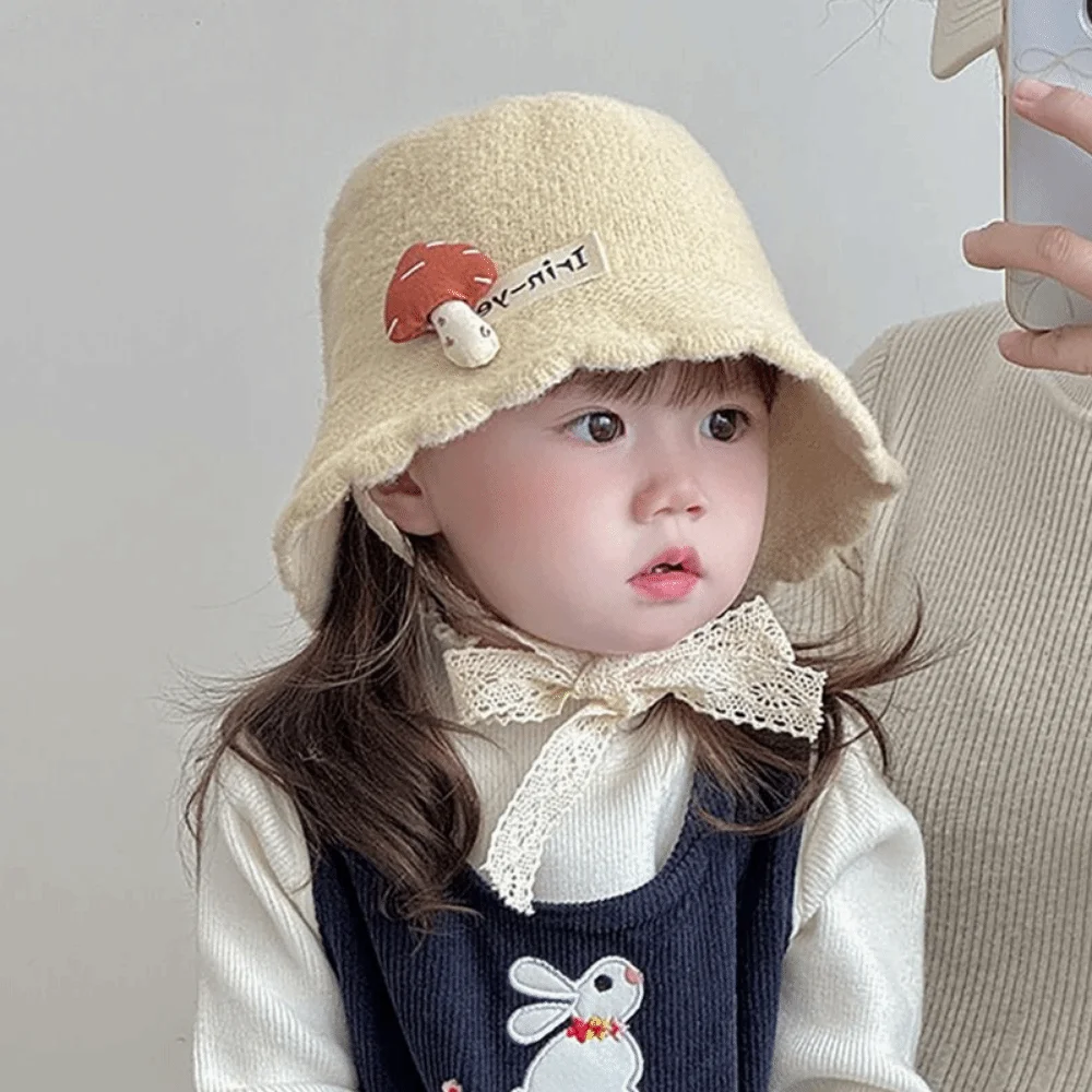 Soft Warm Knitted Hat Solid Color Windproof Curled Fisherman Cap Breathable Mushroom pattern Toddler's Knitted Hat