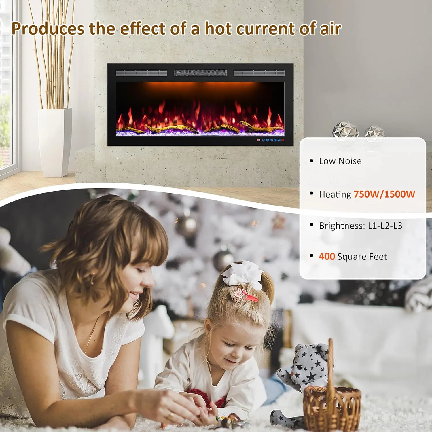 Wifi Enabled Electric Fireplace Embedded Wall Mounted 60 "electric Fireplace Heater Adjustable Flame Color Remote Touch Screen 6