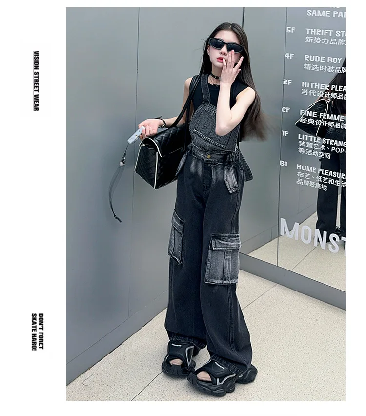 2025 Spring/Autumn Girls Denim Overalls Trendy Detachable Wide-Leg Jeans for Kids Stylish Versatile Casual Two Wear Trousers