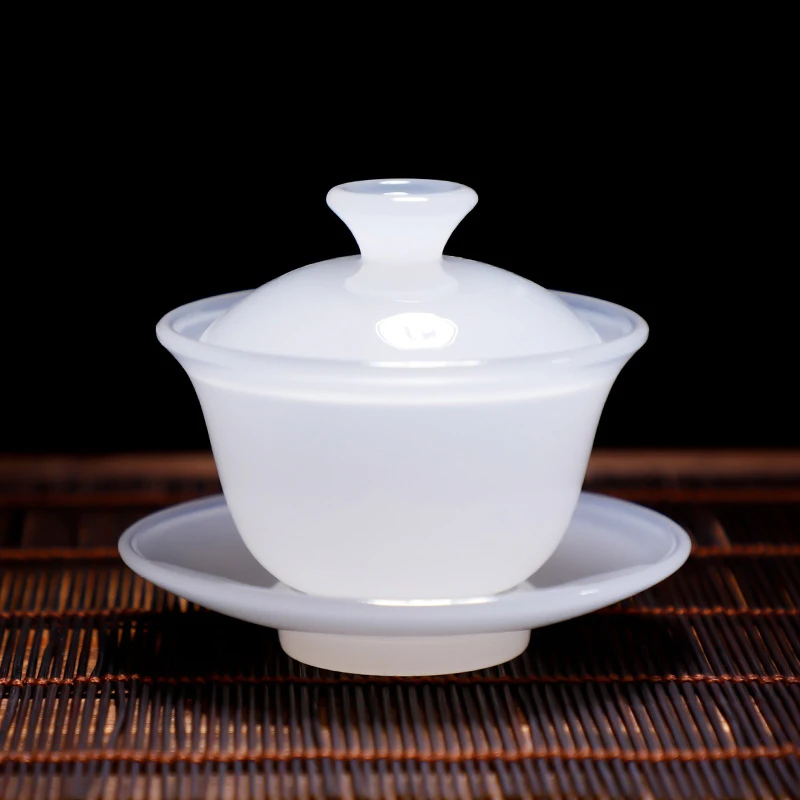White Porcelain Jade Porcelain Teacup Cover Bowl Sancai Tea Bowl Small Glass Imitation Jade Glass Glazed Kungfu Tea Set Gift