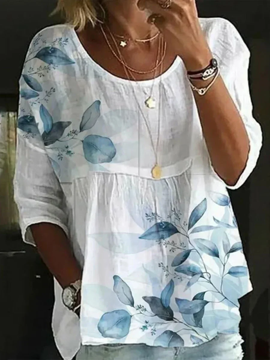 2024 New Fashion Loose Shirt Woman Elegant Round-Neck Woman Shirt Printed Casual Woman Shirt Holiday Weekend Top