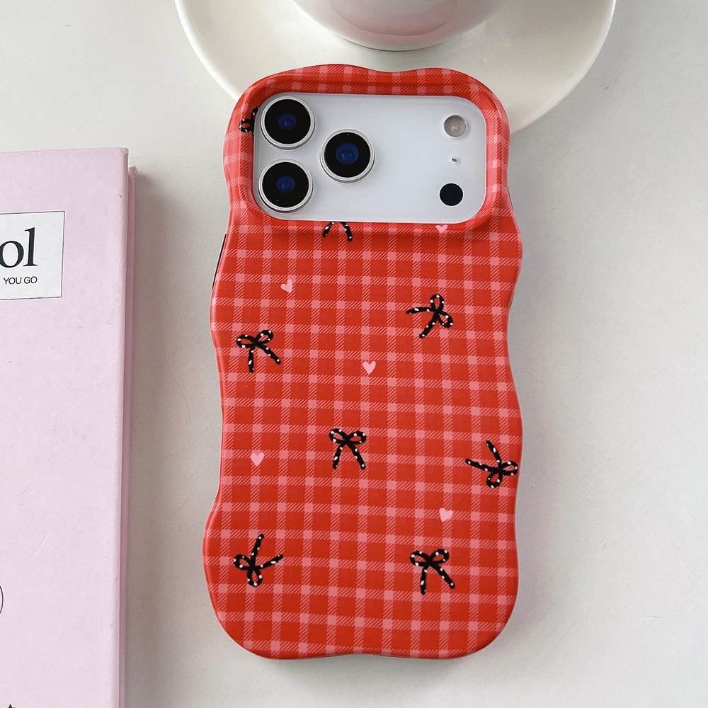 Dual-Function Red Grid Pattern Lattice Shockproof Protective Phone Case with Wave Edges