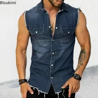 New 2025 Men’s Summer Denim Vest T Shirts Lapel Pocket Sleeveless Tank Top Hip Hop Jean Jacket Waistcoat Coat Muscle Mens Tops