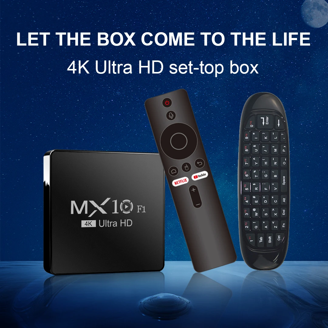 구글 TV 슈퍼 박스 MX10 F1 안드로이드 13 올위너 H313 코르텍스 ™ -A53 다채로운 백라이트를 갖춘 플라이 에어 마우스  리모콘