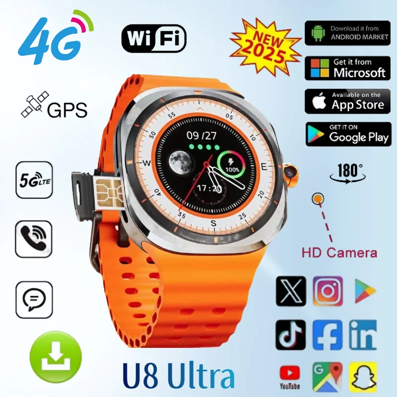 Montre connectée Android U8 Ultra, nouvelle version mondiale, appels 5G/4G, caméra rotative, écran AMOLED, GPS, WIFI, NFC, carte SIM, montre de sport 1