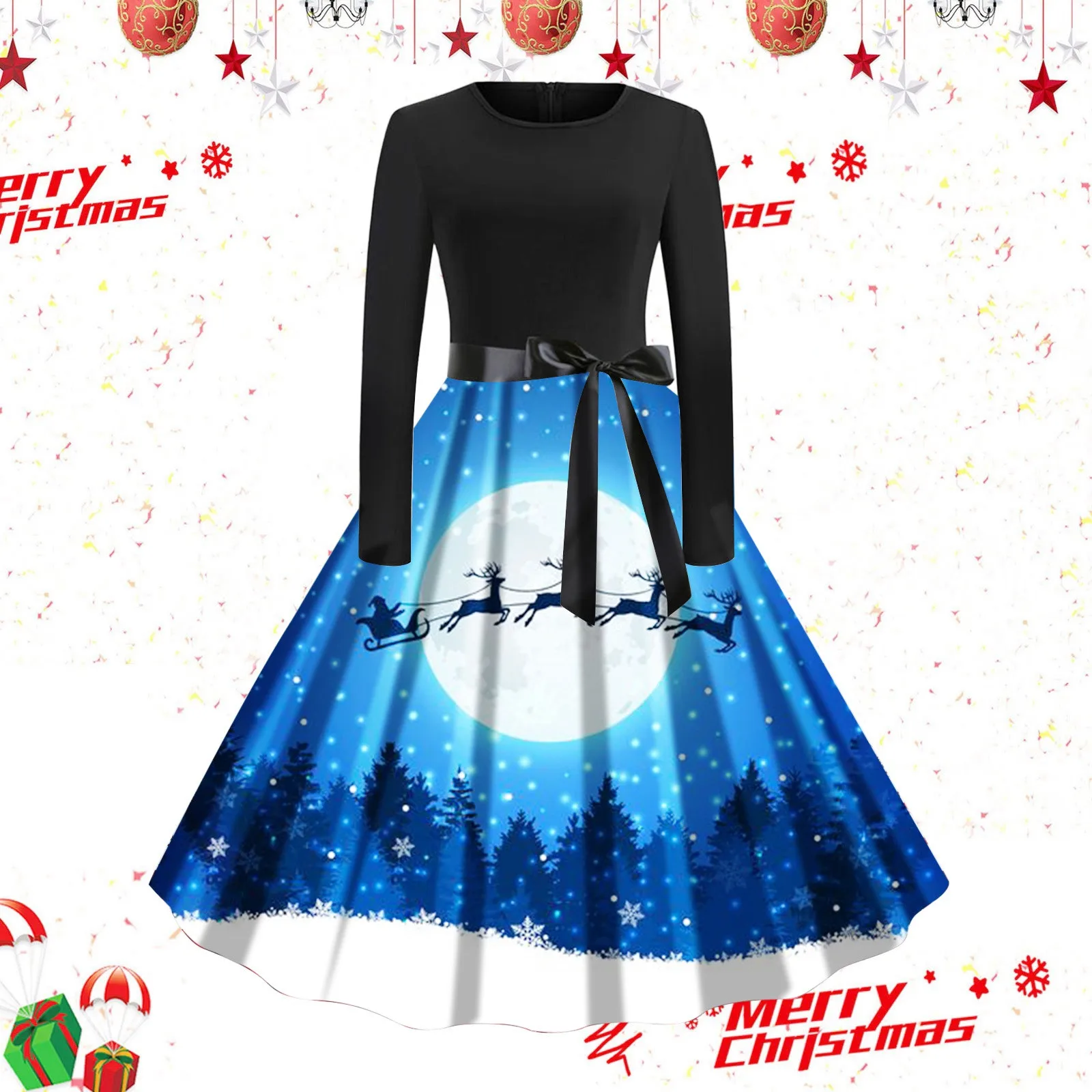 

Womens Retro Large Swing SkirtWith Printed Round Neck Long Sleeved Casual Lace Up Dress Formal Winter Midi Dress