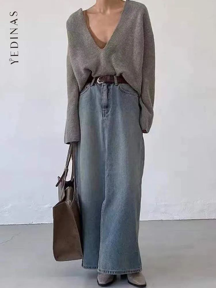 

Yedinas Streetwear Blue Denim High Waist Skirt Women High Quality Elegant A Line Jean Skirts For Ladies Korean Style Steampunk