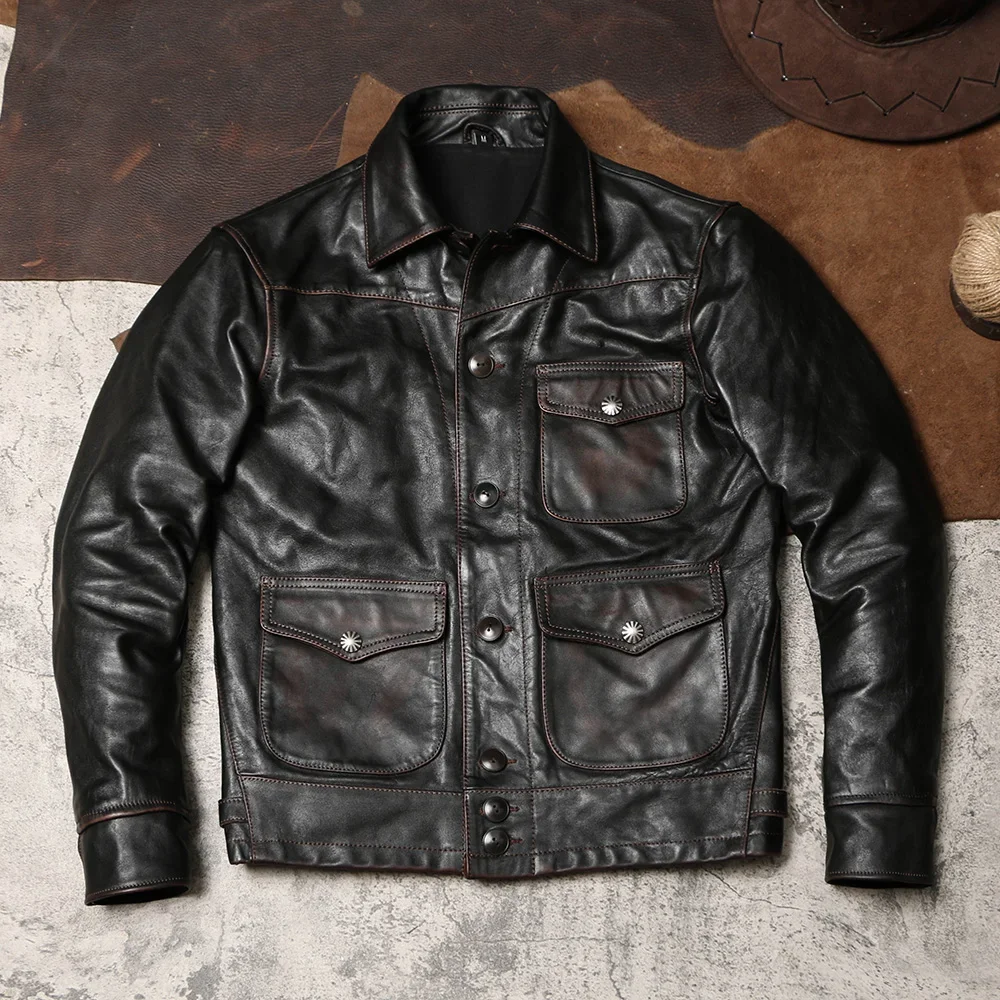 

Tea Core Horseskin Lapel Leather Jacket American Retro Clicker Distressed Leather Jacket Cropped Slim Cargo Leather Jacket