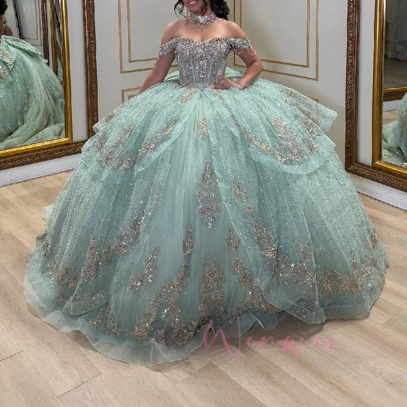 strapless open back dress Sage Green Tulle Prom Dress 2024 with Detachable Sleeves 20W / Blue main image 1