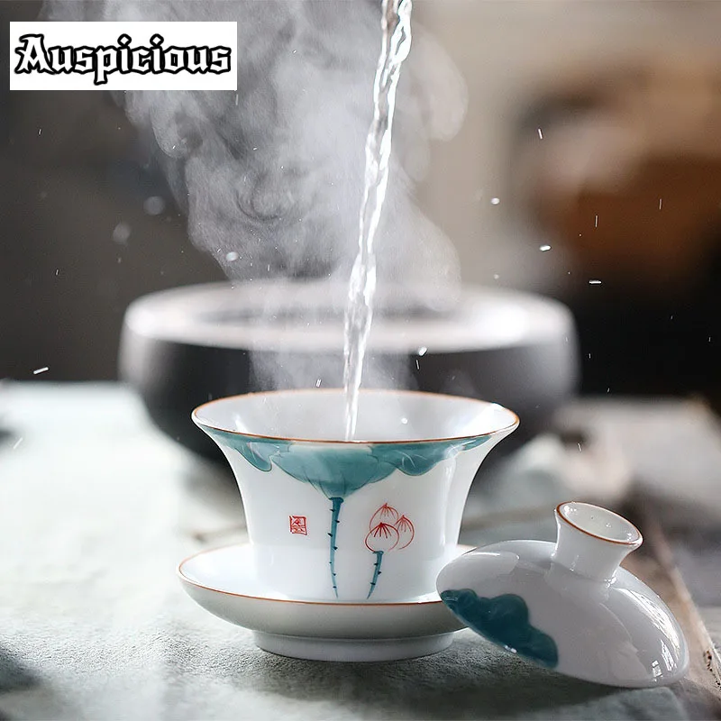 175ml Retro Ceramic Gaiwan Teacup Handmade Lotus Art Tea Tureen Boutique Tea Bowl Chinese Porcelain Teaware Accessorie Drinkware