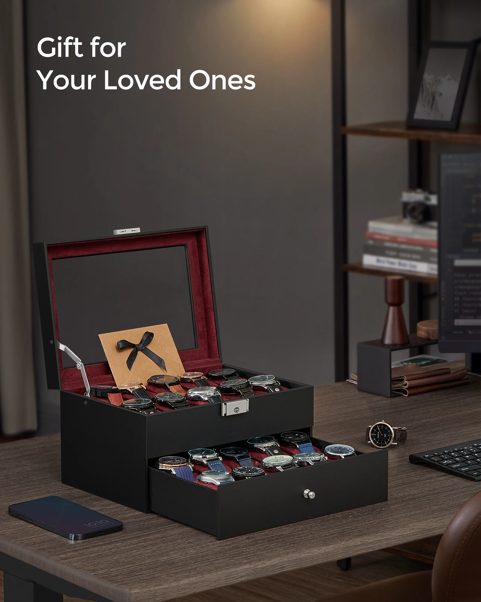 20-Slot Two-Layer Watch Box with Lockable Glass Lid, Velvet-Lined Watch Display Case, R... - SKU JDC00957 - UGI Packaging