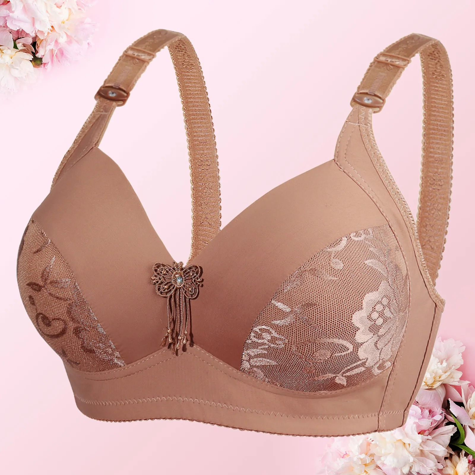 Women's Embroidery Underwear Bras Butterfly Appliques Adjustable Wide Straps Lingerie Push up Full Coverage Wireless Bustier