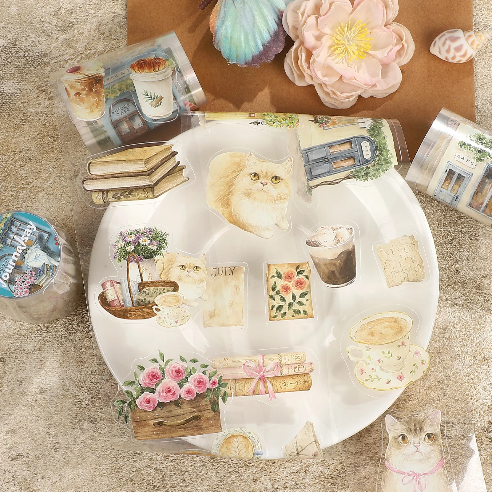 60mm * 200cm 빈티지 고양이 커피 꽃 풍경 PET 테이프 크리 에이 티브 DIY 저널 재료 콜라주 스크랩북 편지지