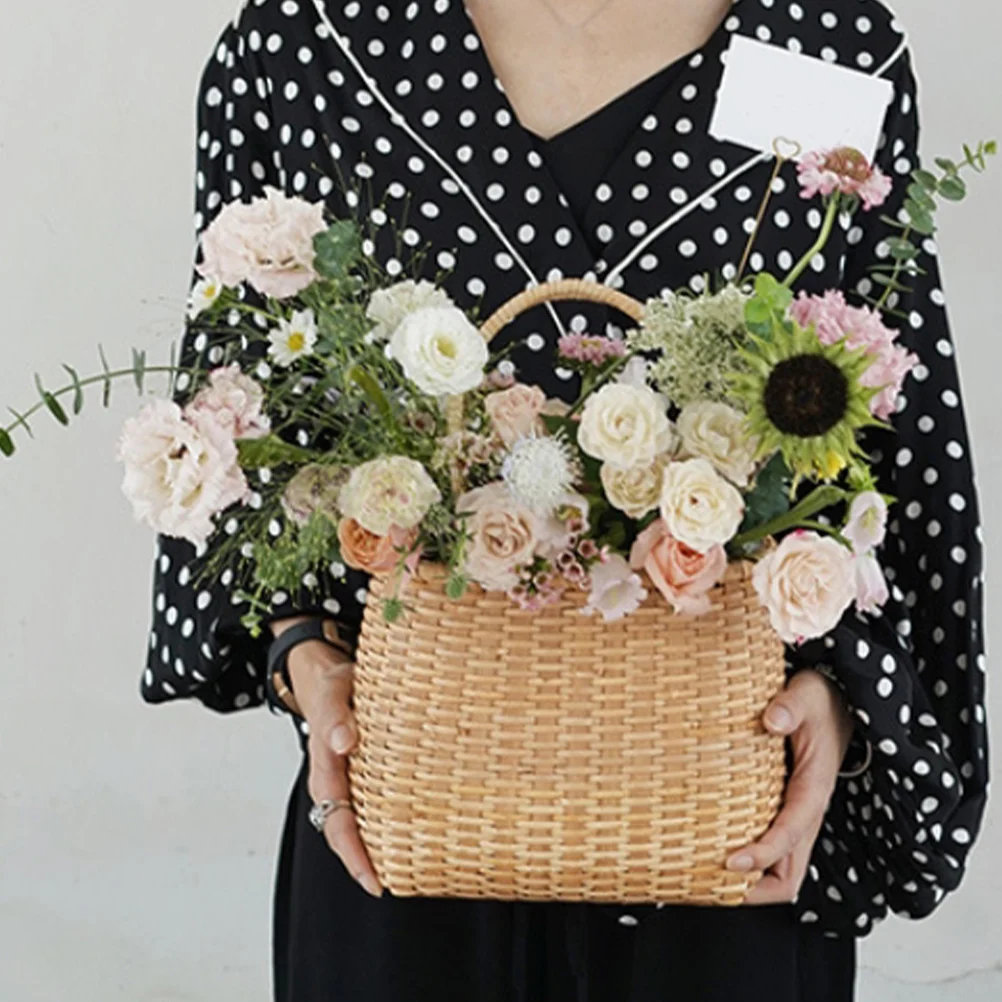 

Rattan Storage Basket Flower Arrangement Wood Small with Handle Wooden Desktop Gift Child Baskets