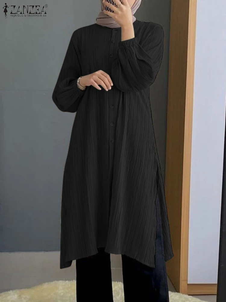 

ZANZEA Vintage Puff Sleeve Muslim Shirt Woman Casual Split Hem Blouse Female Holiday O-Neck Blusas Autumn Stylish Turkey Tops